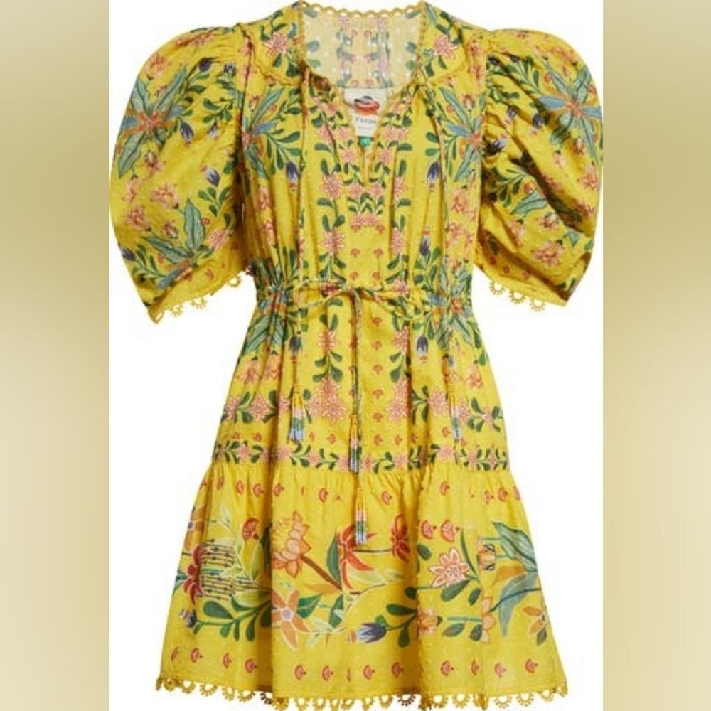 new Farm Rio Delicate Flowers Cotton Mini Dress - Yellow Floral Print Small DS2